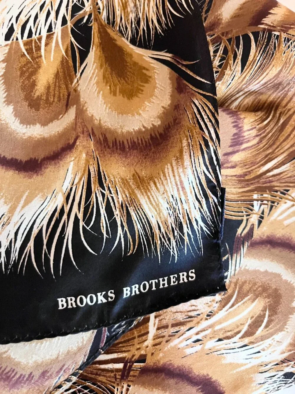 Brooks Brothers Silk Scarf Feathers Print Black Brown White 11x52